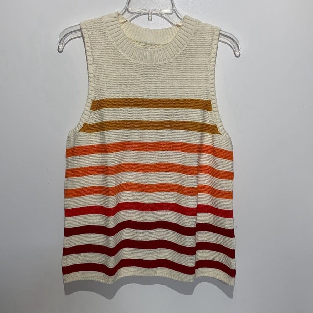 Lucky Brand Women 1X Striped Knit Sweater Vest Cream Orange Red 7Q52042 New
